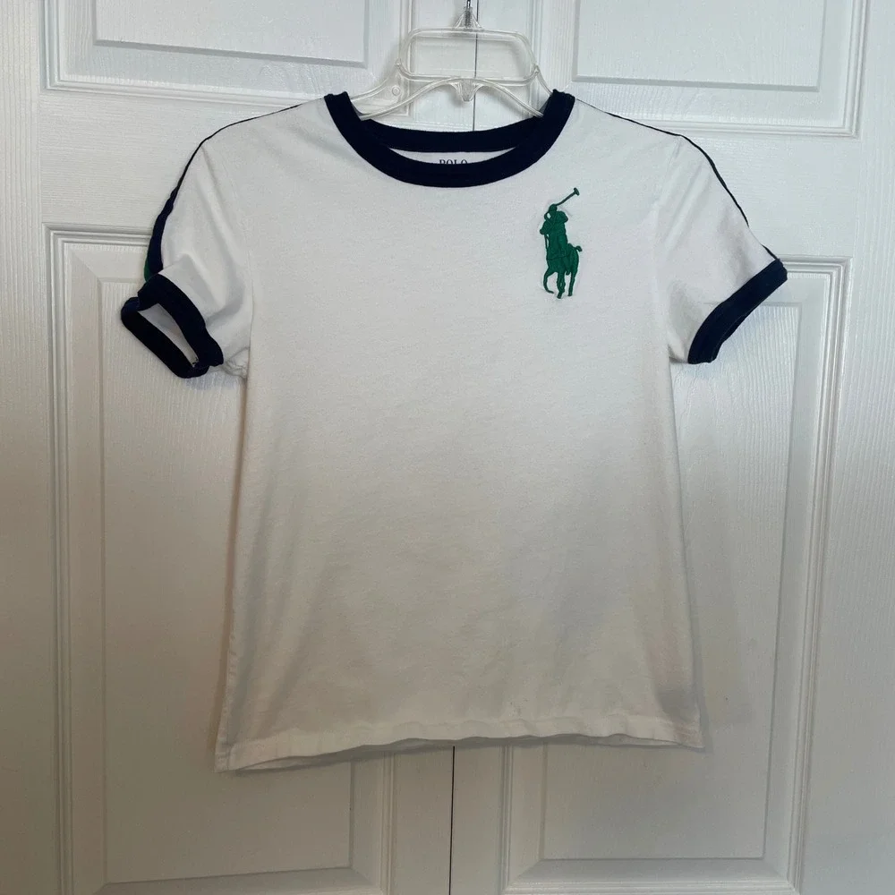Polo‎ Ralph Lauren T Shirt Kids 10/12 White Green Big Pony Ringer Short Sleeve
